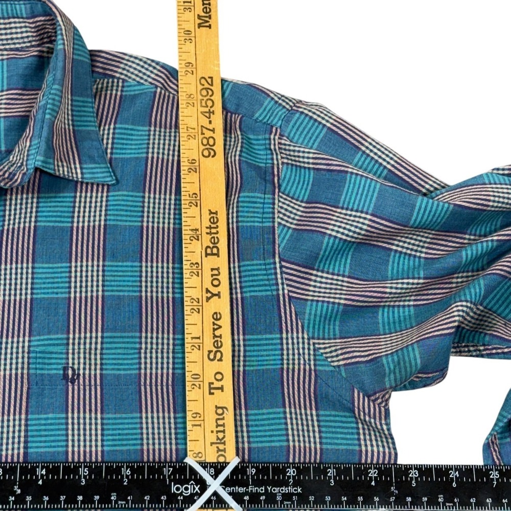 Christian Dior Monsieur Button Up Mens L Teal Plaid Vintage Designer Shirt USA - Picture 8 of 9